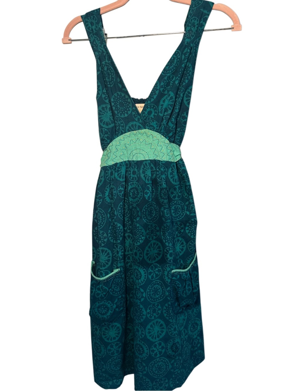 Mata Traders Teal Patterned Midi Dress with Mint Waist